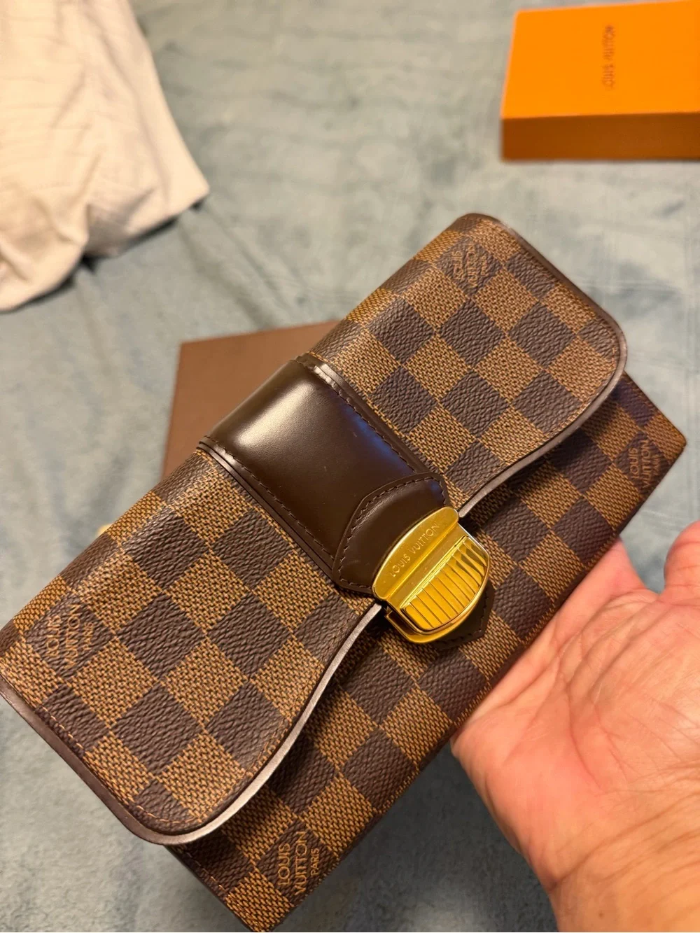 Louis Vuitton Damier Ebene Brown Check Canvas Clutch Wallet with Gold Hardware